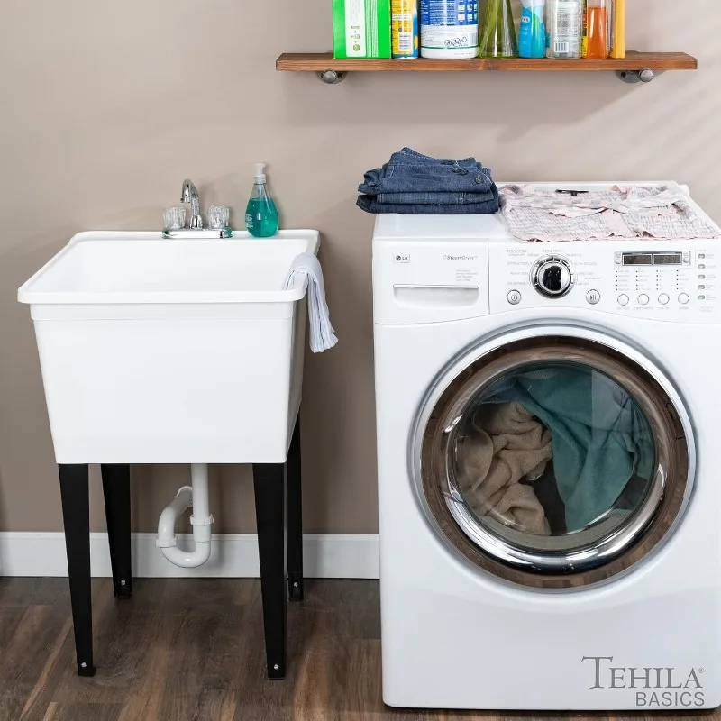 Tehila Basics 21-Gallon White Freestanding Utility Sink with Chrome Finish 2-Handle Faucet, 3