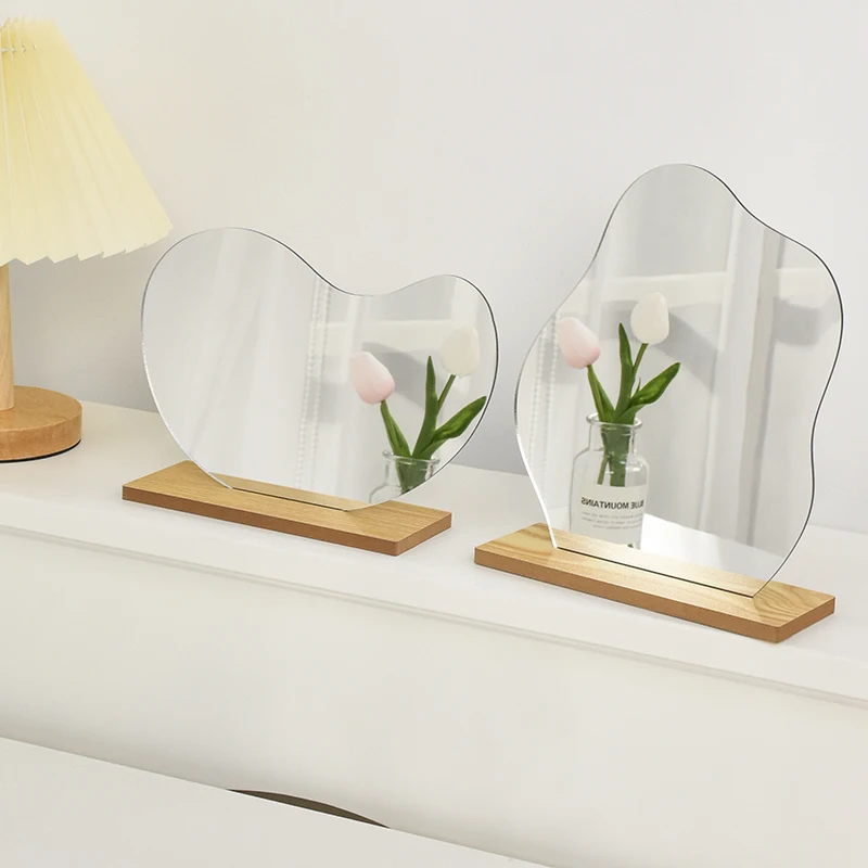 Irregular Aesthetic Vanity Mirror Frameless Tabletop Acrylic Makeup Mirrors with Wooden Stand for Living Room Bedroom Decor 거울