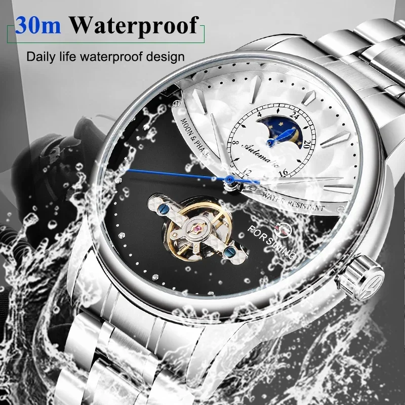 FORSINING Business Herren Automatikuhr Uhr Mondphase Tourbillon Wasserdicht Mechanische Stahlband Armbanduhr Relogio_voghion.com