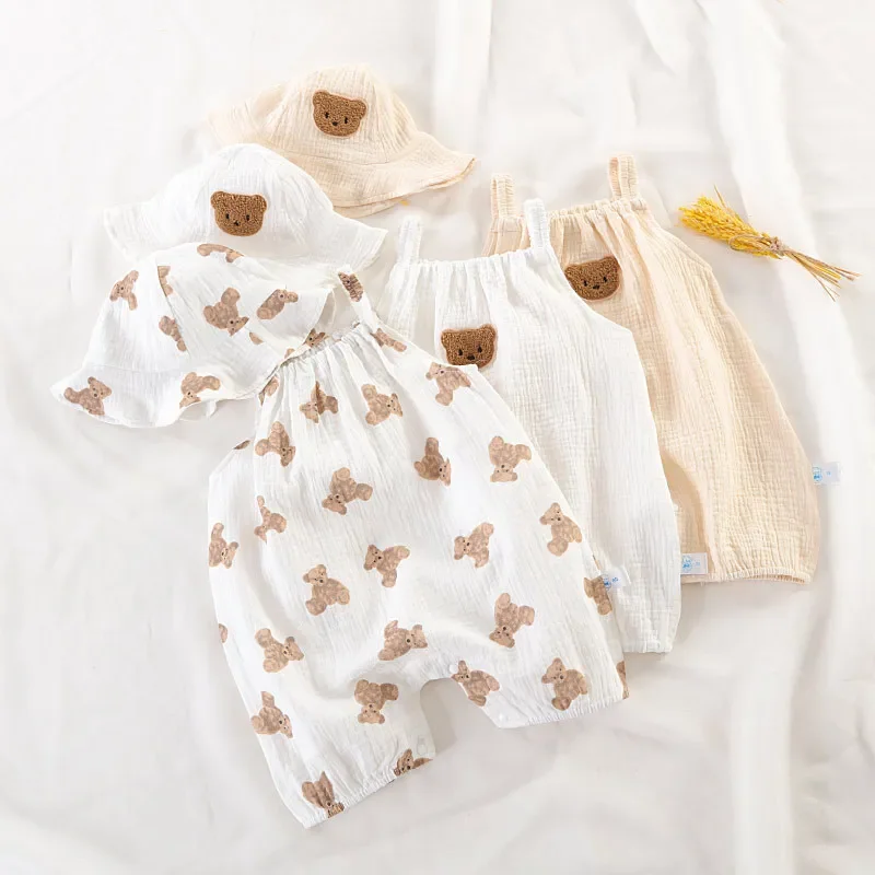 Neonato estate sottile tuta ragazze senza maniche bretelle pagliaccetto vestito ragazzi carino ricamo cartone animato pigiama + cappello 2 pezzi Set - immagine 4