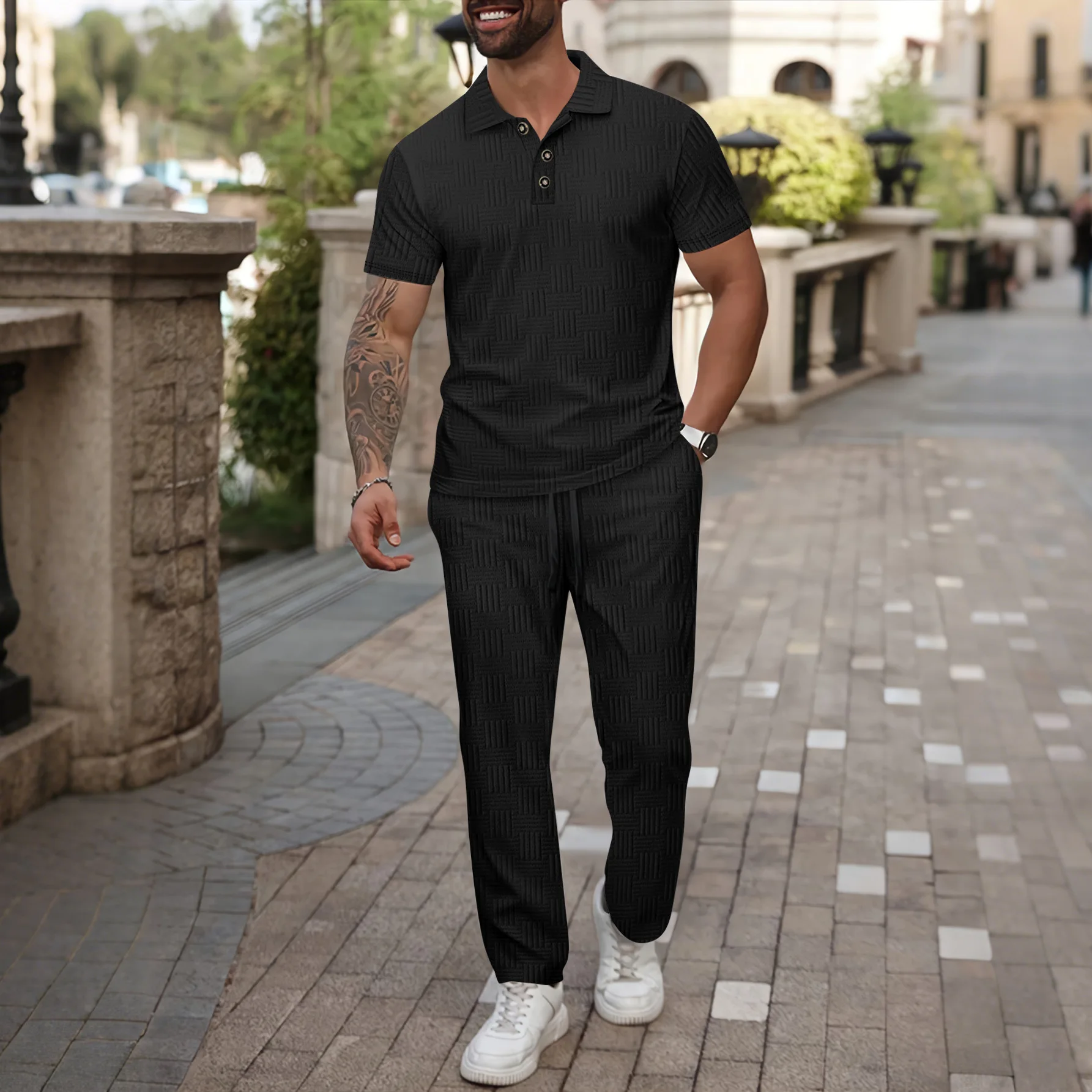 Mens Solid Color Polo Shirt And Long Pants Casual Set