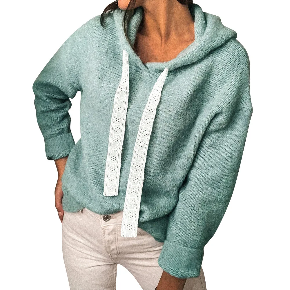 Green Tops 2023 Women Autumn Winter Hoodies Long Sleeve Solid Lace Sweatshirt Casual Knitted Hooded Pullover Ladies Streetwear