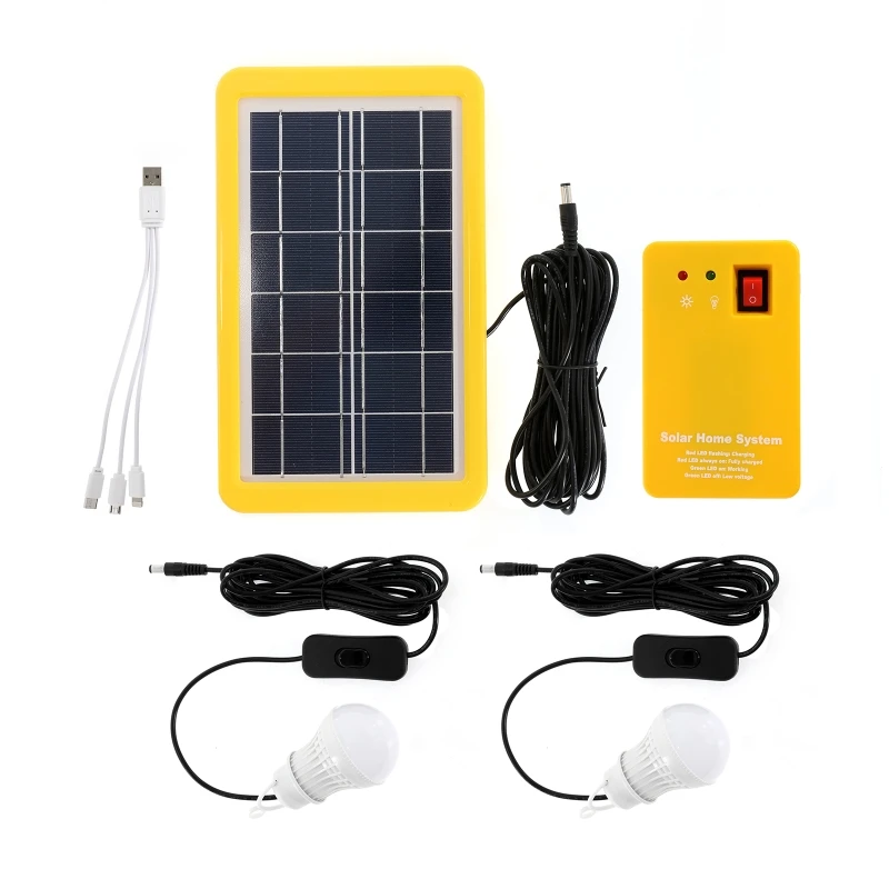 3W Solar Panel Emergency Light Kit Solar 4 Heads USB Charger Cable with 2 LED Light Bulb for Outdoor Camping Travel Lighting