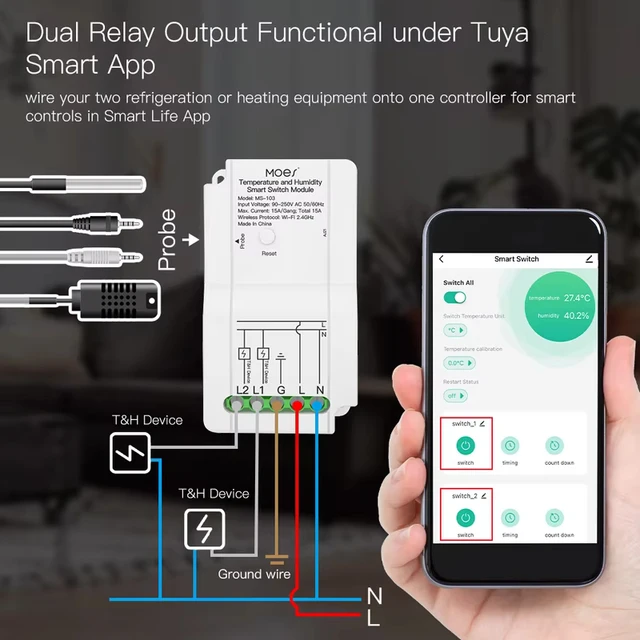 WiFi Smart Temperature Humidity Switch Module Sensor Dual Relay Output Smart Life App Wireless Controller Work with Alexa Google 2