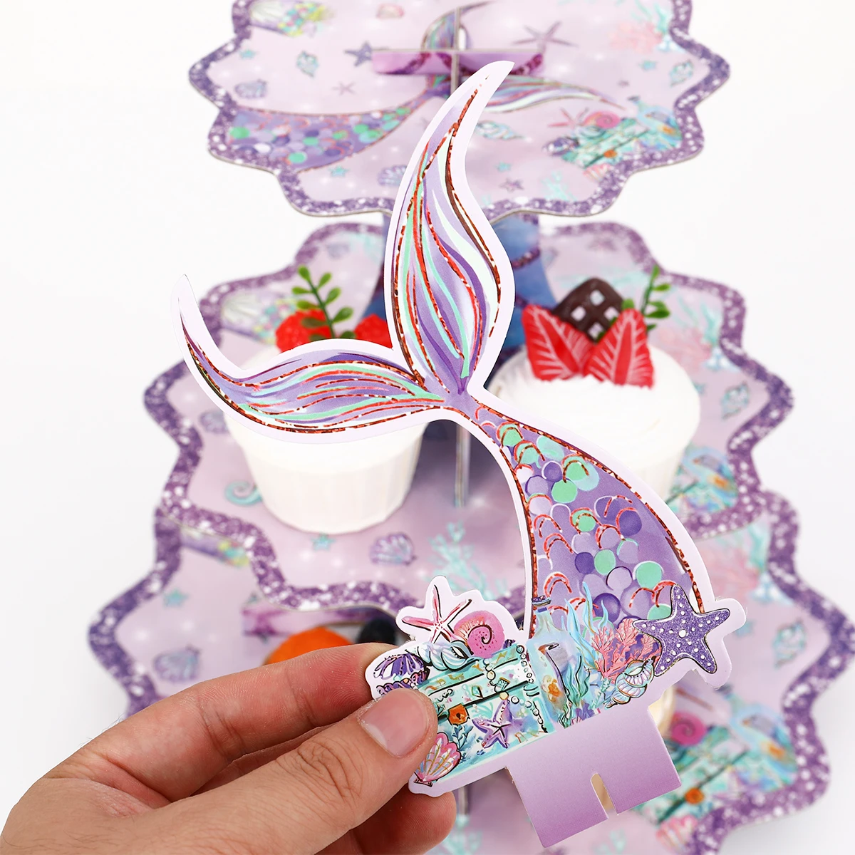 Supporto Per Cupcake A 3 Livelli A Tema Sirena – Cartone Resistente, Decorazione Da Tavolo Per Feste Mare E Baby Shower - 4