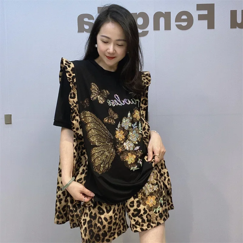 

Two Piece Sets Womens Outfits Leopard Pritned Cartoon Diamonds Tracksuit Short Sets Women Casual Knitwear Летний Костюм Женской