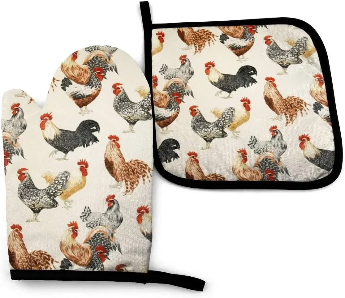

Chickens Rooster Oven Mitts and Pot Holders Set Heat Resistant Oven Gloves Safe Cooking Baking Grilling