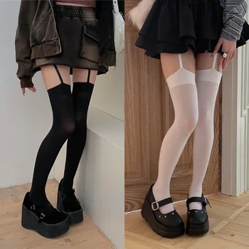 Reggicalze da donna Collant in velluto a fascia larga Lolita Calze sottili alte alla coscia con reggicalze Y2K JK Calzini sopra il ginocchio stile college
