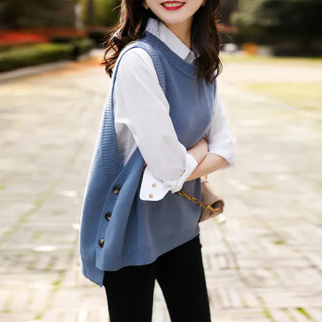 O-neck Sweater Vests Women Elegant Loose Sleeveless Knitted Sweaters Side-button All-match Stylish Popular Solid Cozy Ulzzang 2