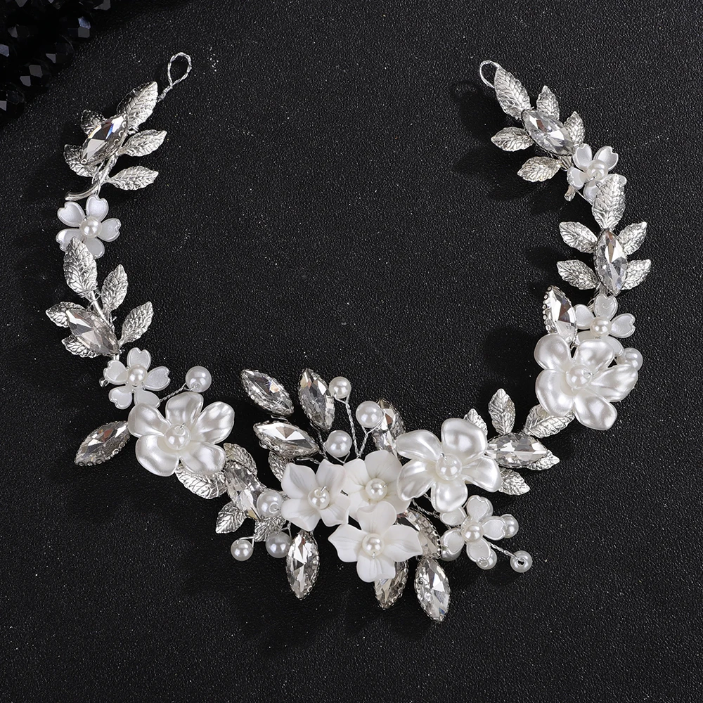 Wedding Resin Flower Green Headband Rhinestone Pearl Bridal Silver Bride Hair Accessories Blue Party Leaf Headband for Women
