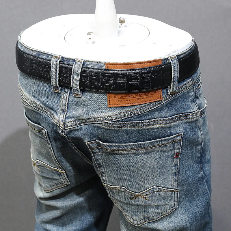 Fashion Designer Men Jeans High Quality Retro Washed Blue Stretch Slim Fit Ripped Jeans Men Patched Vintage Denim Pants Hombre