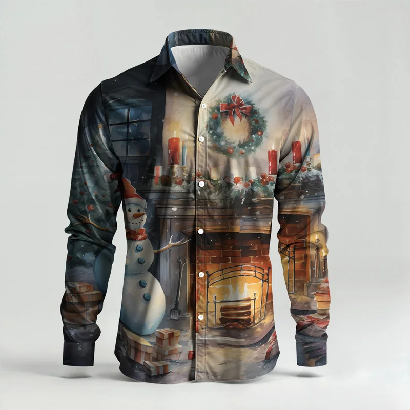 2025 Fashionable Spring Summer Men Shirt Set Christmas Print Fashion Gingerbread Man Two Piece Set Mens Snowman Lightweight_voghion.com