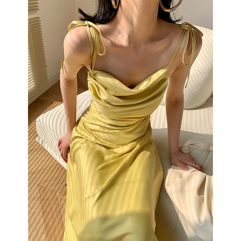 

Mingmingxi Summer Elegant Satin Spaghetti Strap Dress Yellow Draped V Neck Birthday Party Dresses Sexy Women Dress 2023