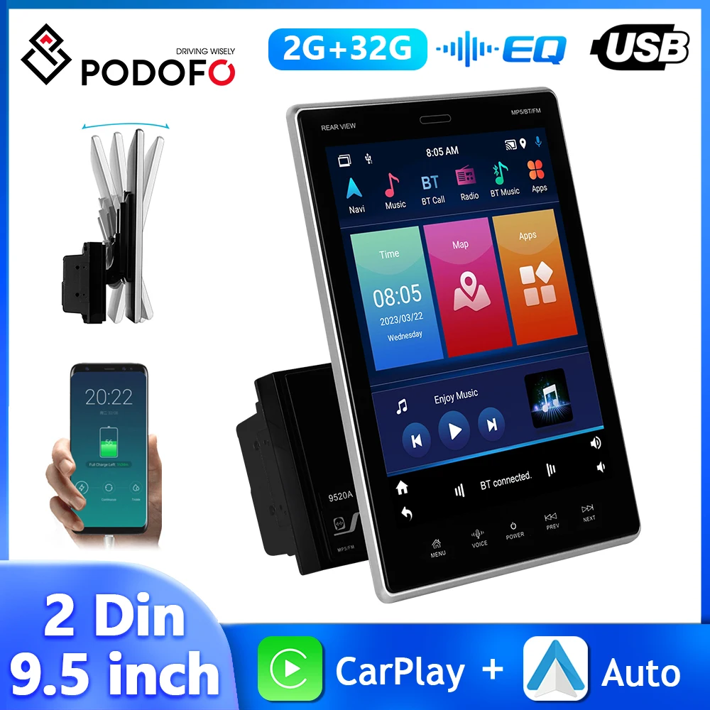 

Podofo 2Din 9.5'' Car Radio HD 1080P Vertical Screen Multimedia Player WIFI Wireless Carplay Android Auto GPS 2+32G Car Stereo