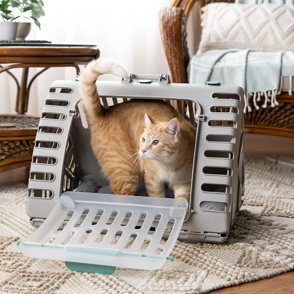 Foldable Cat Carrier Waterproof Pet Travel Carrier Collapsible Indoor Cat Home Front Door Design Removable Bed Easy Storage