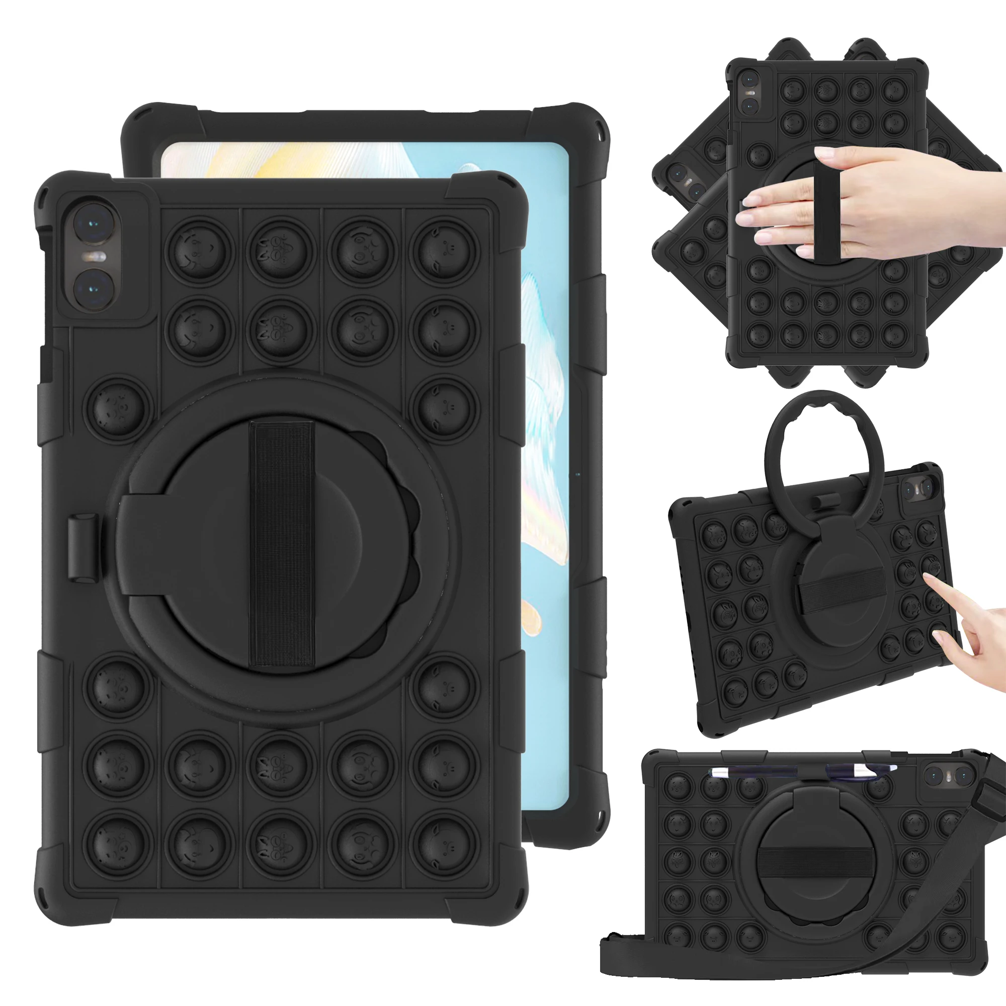 Kids Shockproof Silicone Cartoon Case with Decompression Bubbles, Shoulder Strap & Pen Holder