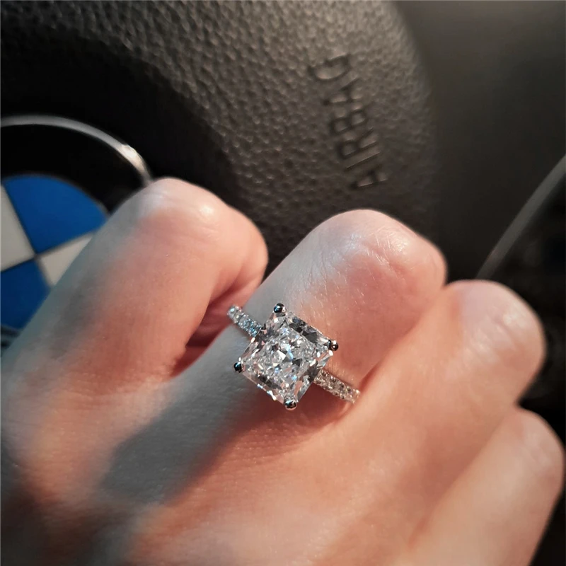 

AU750 Real Gold 3.0CT Radiant Ice Cut Moissanite Ring Hiden Halo Full Band Women's Engagement Ring 18K White Gold GRA Moissanite