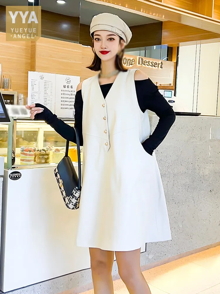 

Женское однобортное платье с V-образным вырезом, модное весеннее платье свободного кроя из овечьей кожи, женское повседневное короткое платье без рукавов из натуральной кожи белого цвета