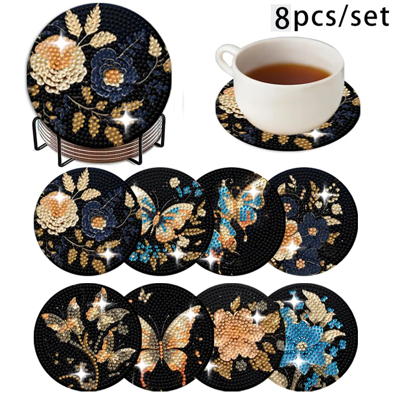 A set of 8-piece butterfly and flower element combination pattern diamond painting DIY coaster set 1