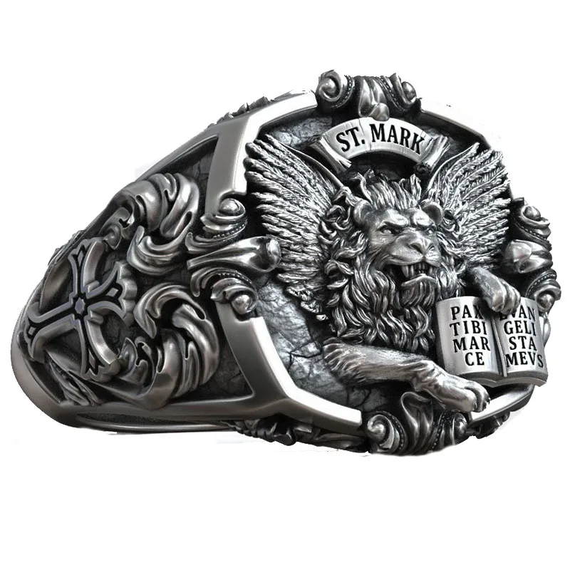 18g Art Relief Saint Mark Lion Evangelist Cross Pattern Signet Rings Customized 925 Solid Sterling Silver Many Sizes 6-13 autumn winter unisex short half finger cotton gloves weave cross pattern men women knitted warm fingerless arm sleeve mittens