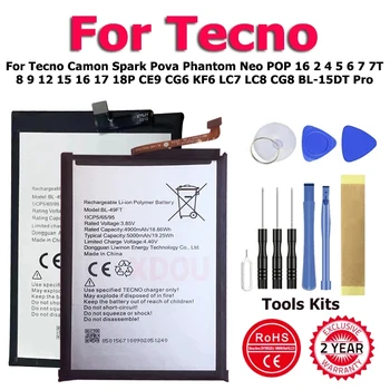 Battery For Tewarehouseo Camon Spark Pova Phantom Neo POP 16 2 4 5 6 7 7T 8 9 12 15 16 17 18P CE9 CG6 KF6 LC7 LC8 CG8 BL-15DT Pro