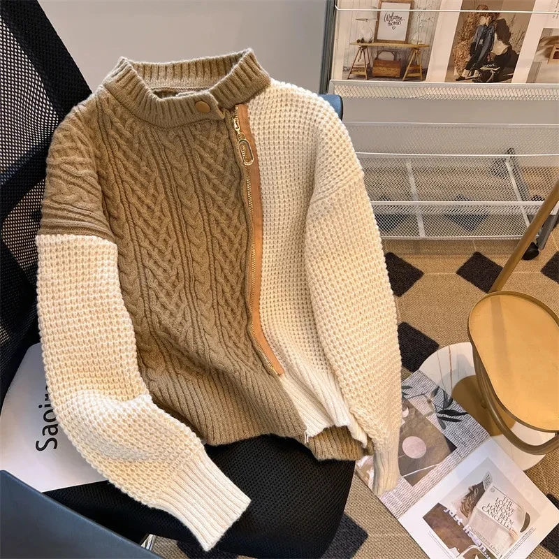 

irregular stitching contrast color knitted sweater casual winter fashion to keep warm and comfortable