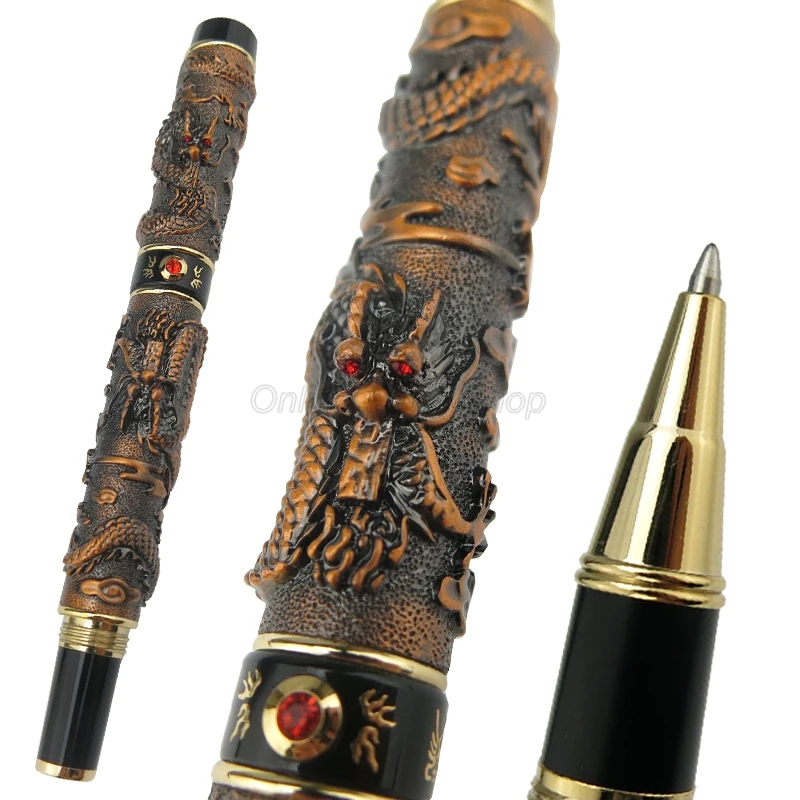 Jinhao Ancient Copper Double Dragon Playing Pearl Carving Embossing Roller Ball Pen Professional Office Stationery Writing