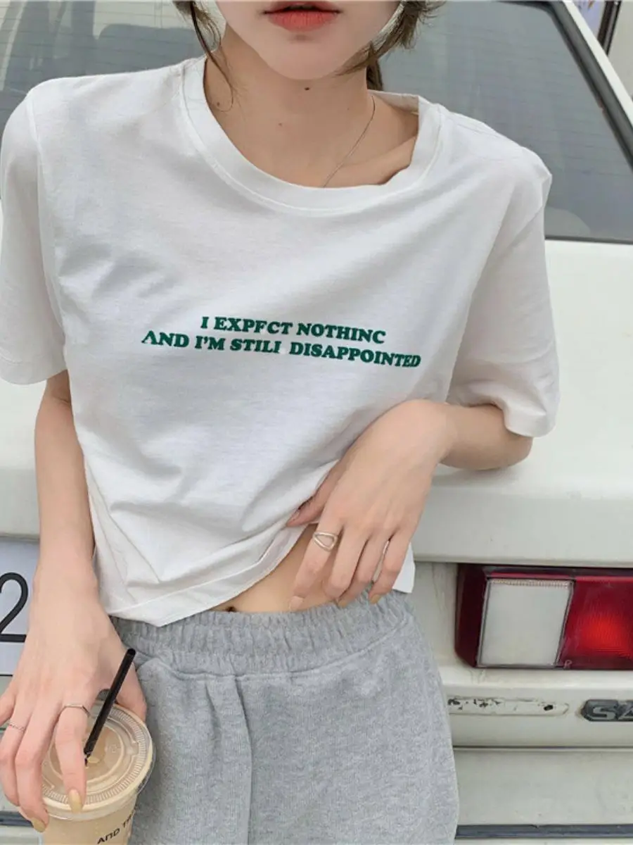 Summer  Loose ort Sve Letter Print Crop Top Women's T-irt Korean Sle Casual Commute round Ne Other Material 00%