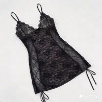 Women Black Floral Lace Babydoll Dress Deep V Neck Side Criss Cross Straps Sheer Mesh Lingerie Mini Nightgown Sexy Sleepwear