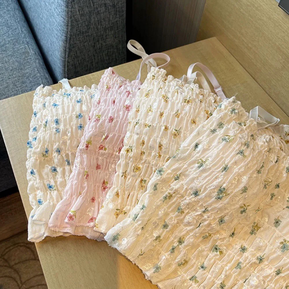 꽃무늬 프린트 캐미솔 탱크 탑, 브래지어 내장 크롭탑, 스파게티 스트랩 조끼, 달콤한 민소매 티, 패딩 달린 캐주얼 조끼