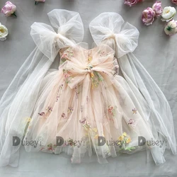Baby Floral Bow Sleeveless Summer Dress - Embroidered Ballerina Tutu Outfit - 150(9-10Y) (Apricot Peach)