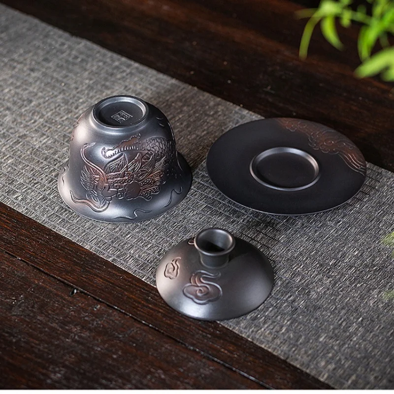 Dragon Purple Pottery Vintage Gaiwan Ceramic Jump Knife Process Tea Tureen Pigmented Kung Fu Drinkware Tea Tureen