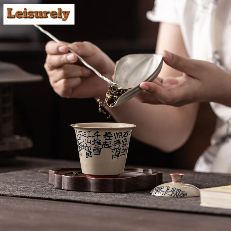 Plant Ash Handwritten Poetry Gaiwan Elegant Tea Tureen Household Tea Bowl With Lid Kit Tea Maker Cover Bowl Teaware Decoration