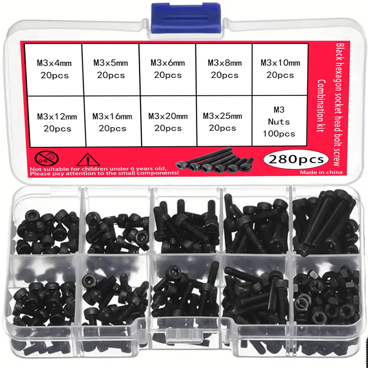 280-piece M3 socket head cap screw set 12.9 grade alloy steel M3/4mm-25mm black hexagon socket head cap bolt and nut set