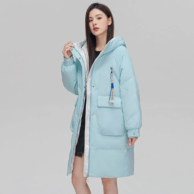 2023 New Women Down Jacket Winter Coat Female Mid Length Version Parkas Slim Fit Thick Warm Outwear Hooded Versatile Overcoat