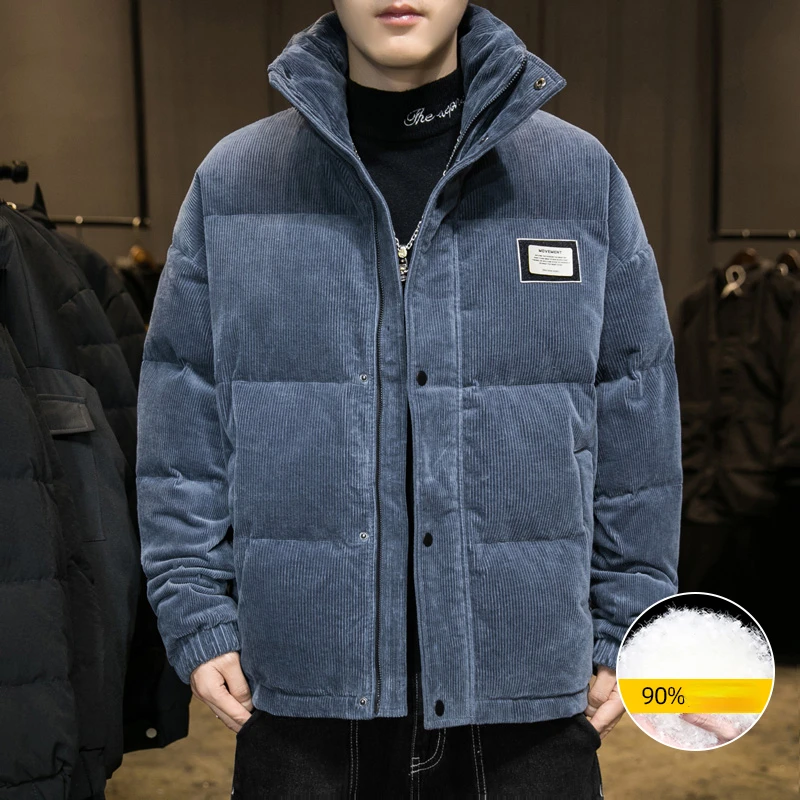 New Winter Down Jacket Men's Retro Corduroy Thick Warm 90% White Duck Down Coat Casual Stand-up Collar Windproof Puffer Jacket