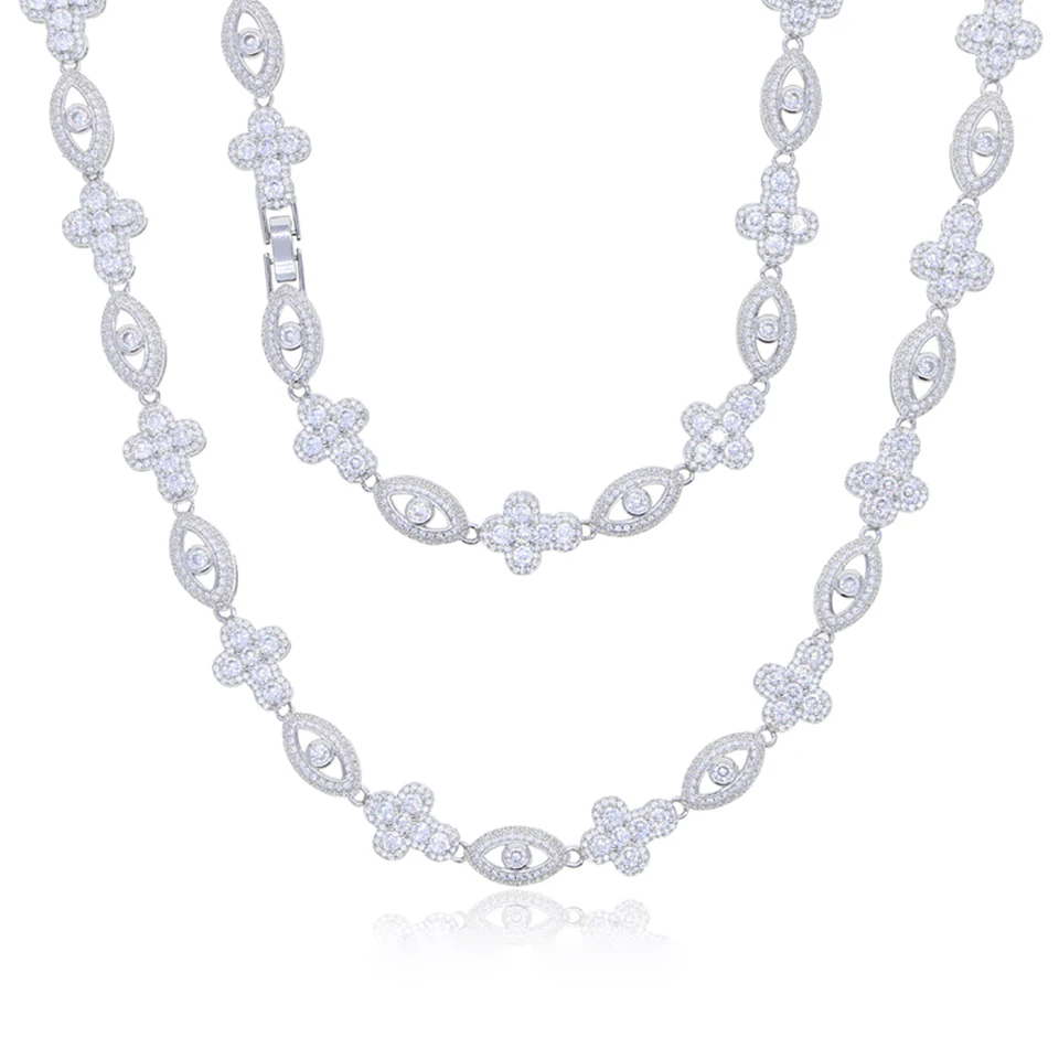 2025 New Eye Cross Necklace Iced Out Bling Silver Color