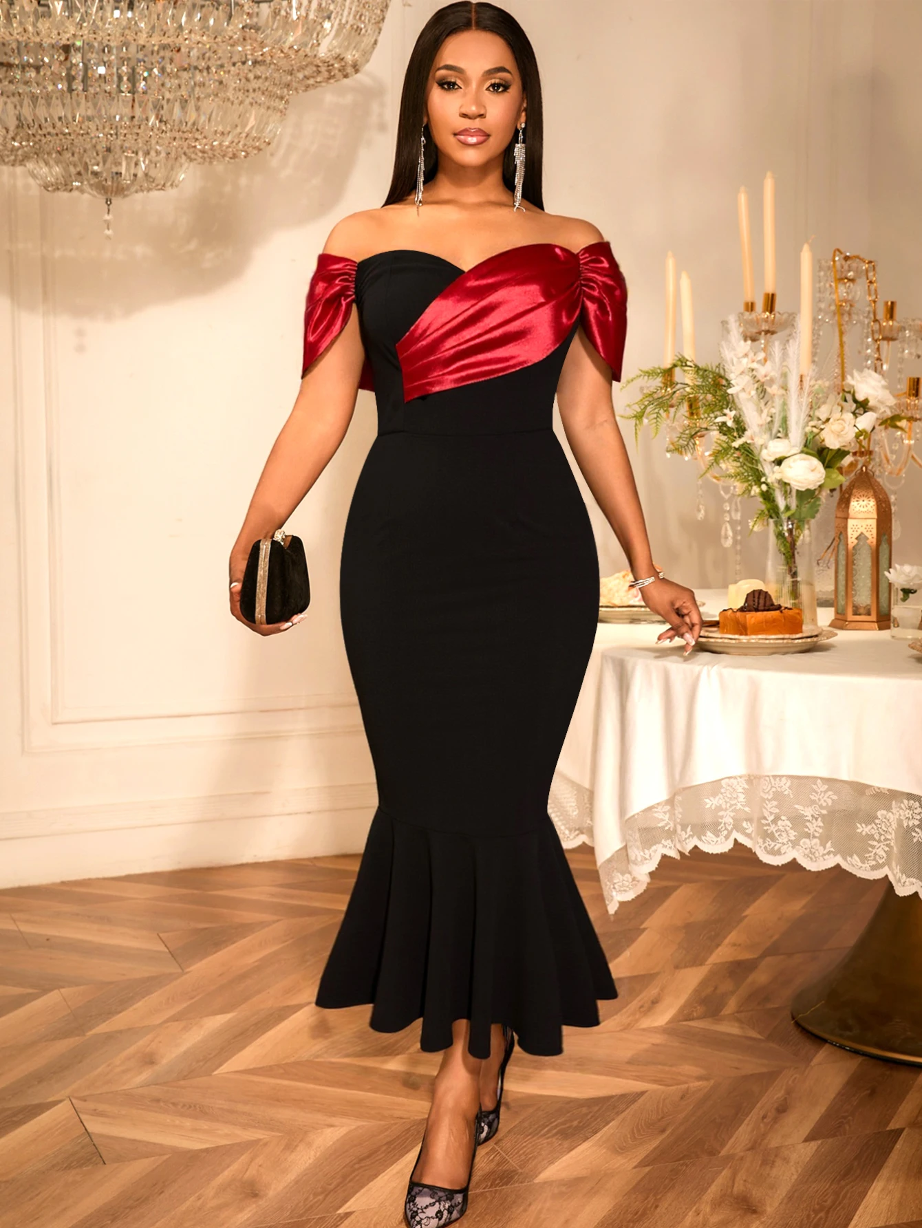 Schwarzes Patchwork One-Shoulder-Satin-Abendkleid für Damen, elegant, schmale Passform, Meerjungfrau-Paket, Hüfte, Midi-Partykleid, sexy formelles Kleid