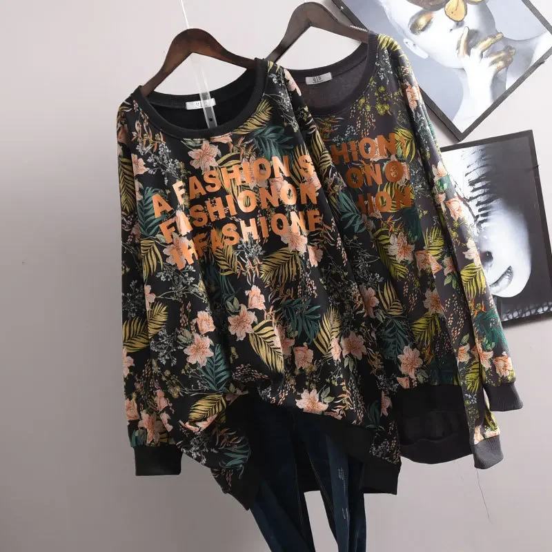 Fall 2023 New Women's Retro Floral Loose Mid-length Long-sleeved Fashion T-shirt Casual Plus Size All-match Top