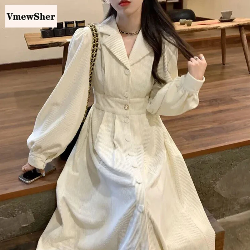 

VmewSher New Spring Autumn Women Long Sleeve Dress High Waist Buttons Notched Collar Lady Elegant Mid-calf Length Long Dresses