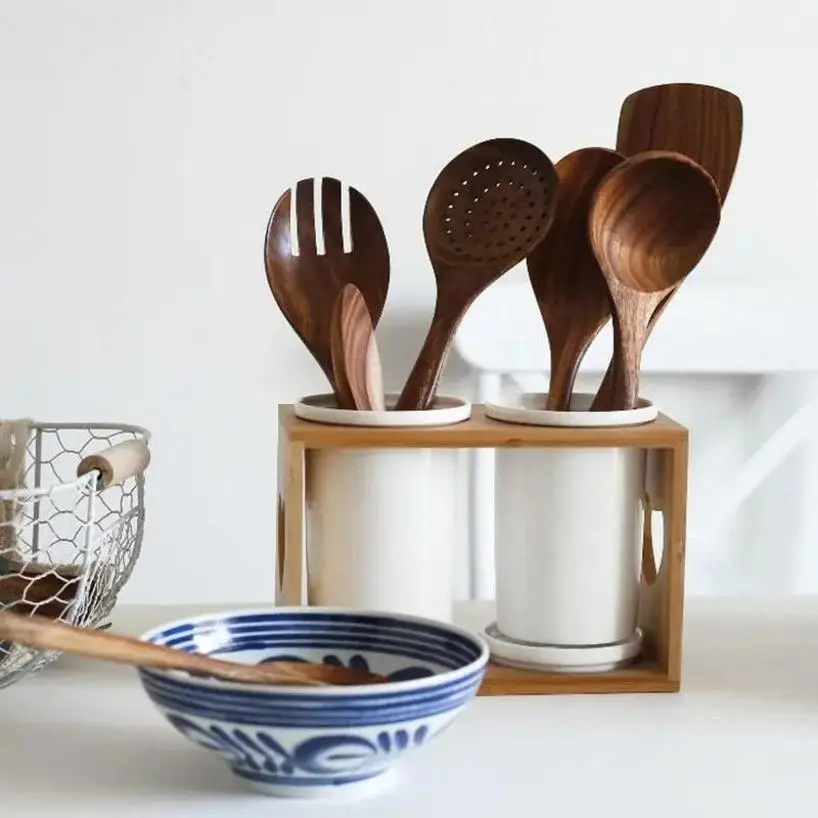 1 Pcs Acacia Wooden Spatula Non Stick Pan Special Stir Fry Shovel Household Wooden Spatula Salad Fork Strainer Soup Spoon