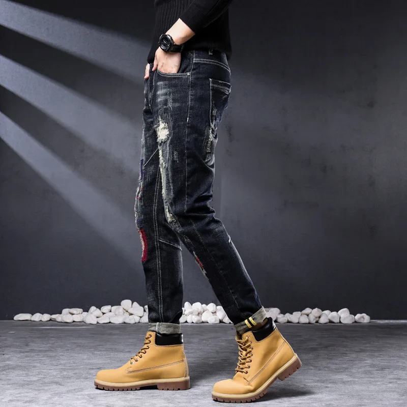 2023 New Fashion Biker Jeans Men's Distressed Stretch Ripped  Hip Hop Slim Fit Holes Punk Denim Cotton High Qual Pants