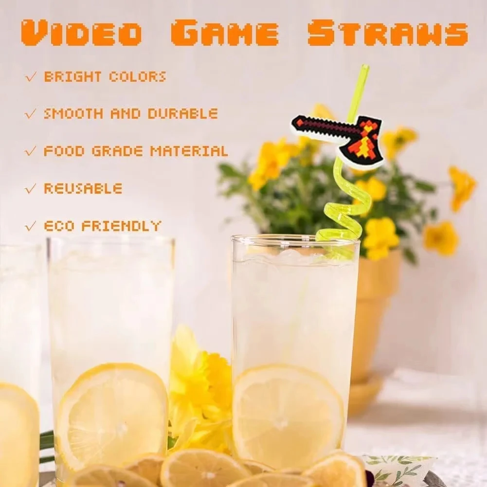 Disposable Straws 6/12pcs Pack My World Pixel 3D Straw Spiral Drinking Straws Children Kids Birthday Party Decorations Juice Straws Baby Shower