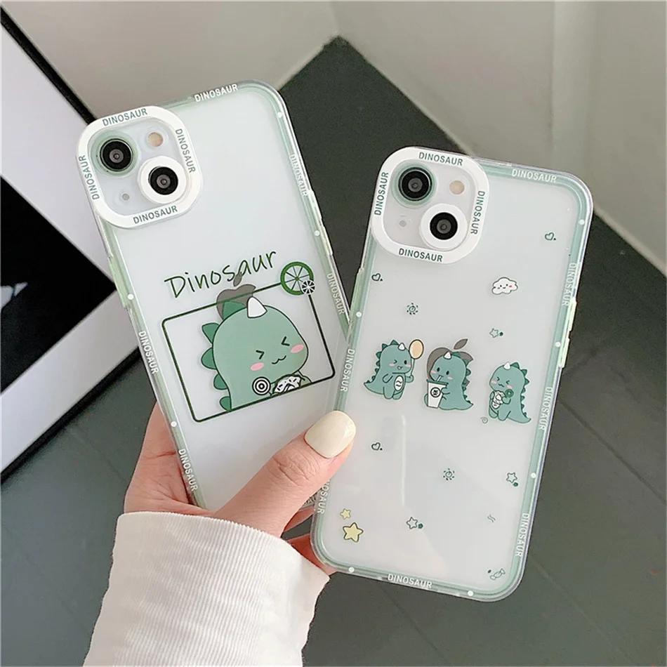 Cartoon Lovely Green Dinosaur Astronaut Phone Case Per Iphone 11 12 13 Pro Max X Xs Xr Max Clear Cover Carina Per Iphone 7 8 Plus