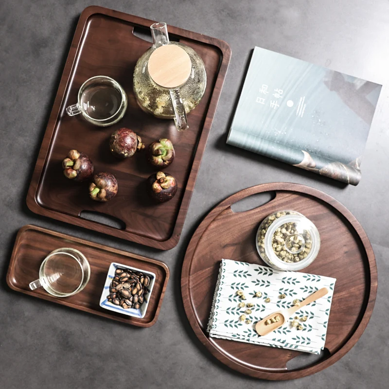 

Japan Style Black Walnut Solid Wooden Tray with Grip High-grade Wooden Food Pallet for Tea/Fruit Serving Trays