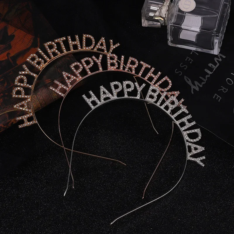 

Metallic Girl Happy Birthday Rhinestone Studded Headband Party Favor High Quality Silver Gold Headband Women's Headband