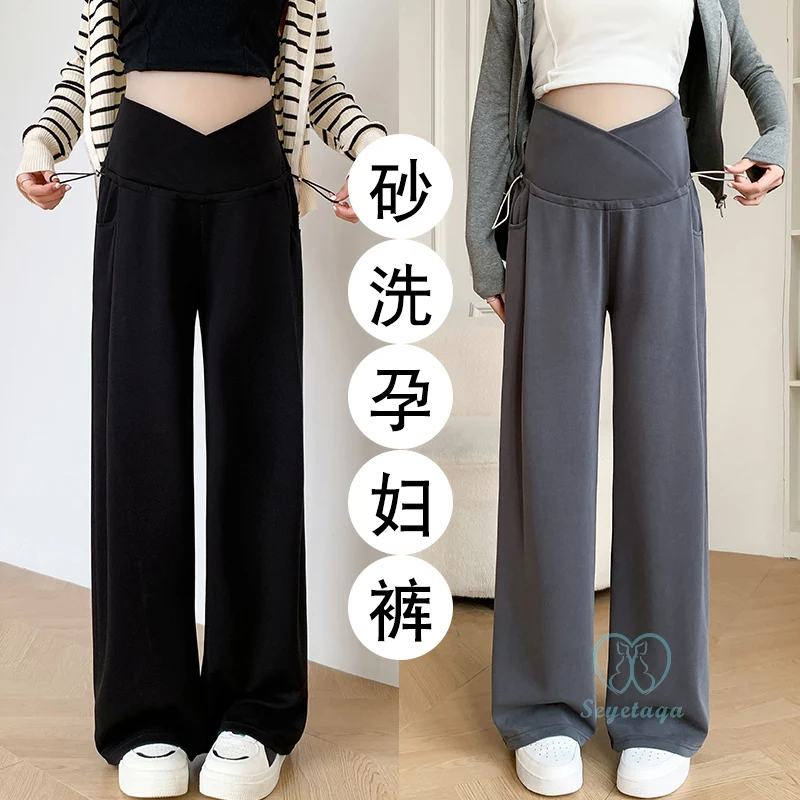 Maternity Pants Quality Maternity Long Pants Spring New Fashion Wide Leg Loose Straight Clothes for Pregnant Women Across V Belly Pregnancy