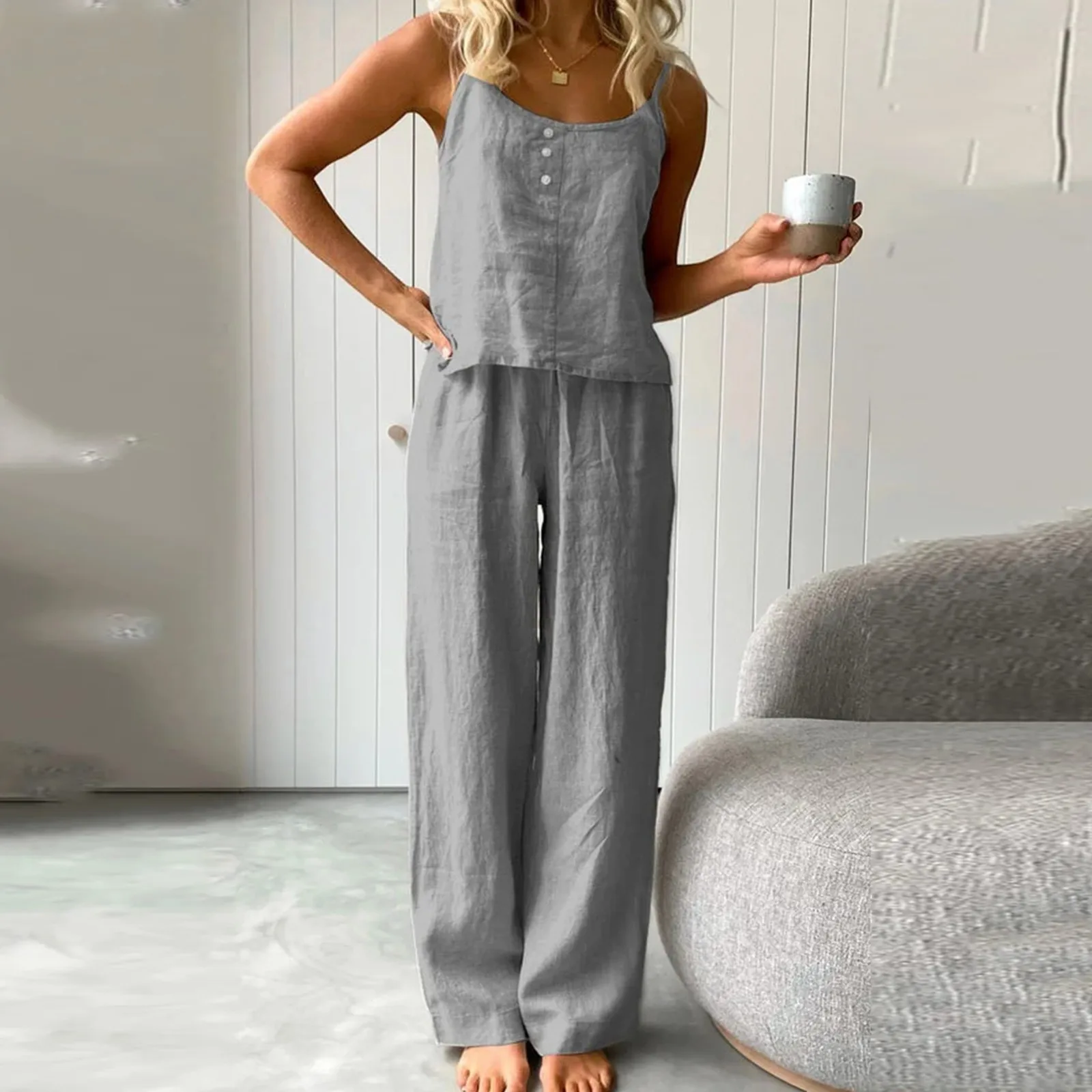 Women's Cotton And Linen 2 Piece Pajamas Set Summer Solid Thin Sleeveless Suspenders Trousers Set Loose Fashion Home Clothes