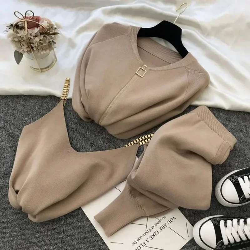 

2023 New Autumn and Winter Knitted Zipper Cardigans + Camisole + Pants 3pcs Fashion Suit Women Tracksuit Clothes Set N424