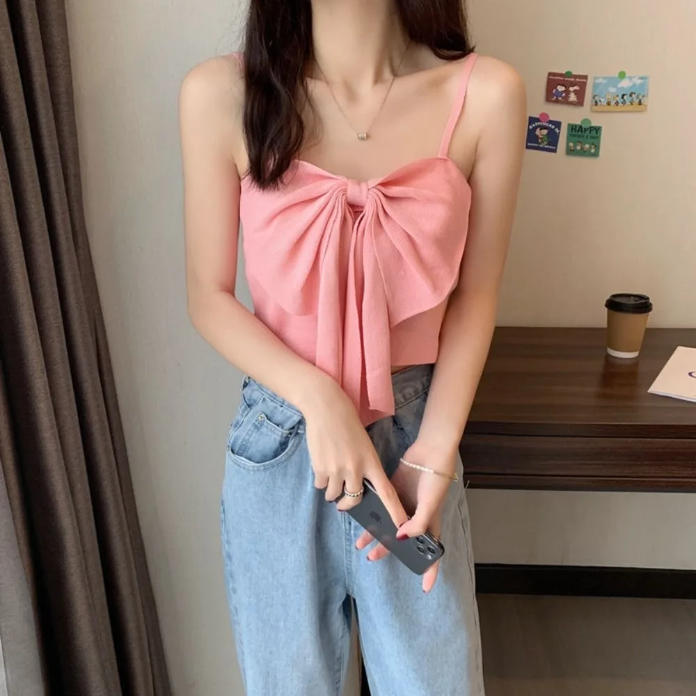 

Seamless Lovely Backless Lingerie V-Neck Sweet Sleeveless Crop Tops Shoulder Strap Bow Tanks Women Camisoles